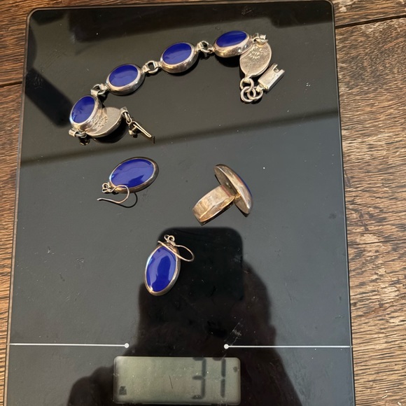 Sterling Silver Taxco Mexico 925 Lapis Cabochon Bracelet, Ring, Earrings Set - Picture 13 of 13